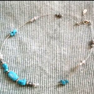 Vintage Express Silvertone Wire Necklace With Clear Glass & Turquoise Beads~ 16"